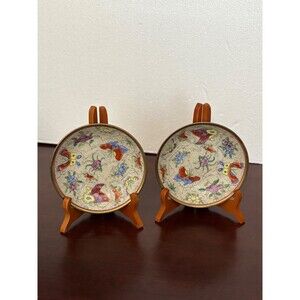 Overjoy Hand Painted Hong Kong Asian Porcelain Two Small Bowls Encased In Brass